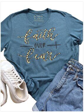 Faith Over Fear Inspirational Short Sleeve T-Shirt Christian Women's Blue Large